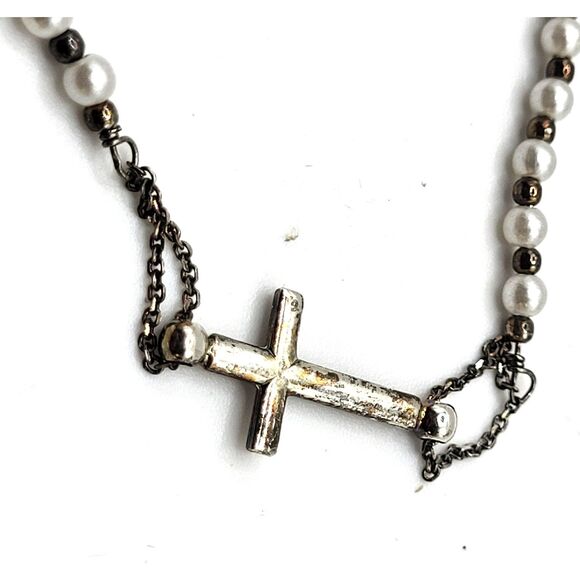 Dyadona Sterling SIlver Cross Genuine Pearl Dainty Mother Mary Bracelet 8.25" - Picture 1 of 4